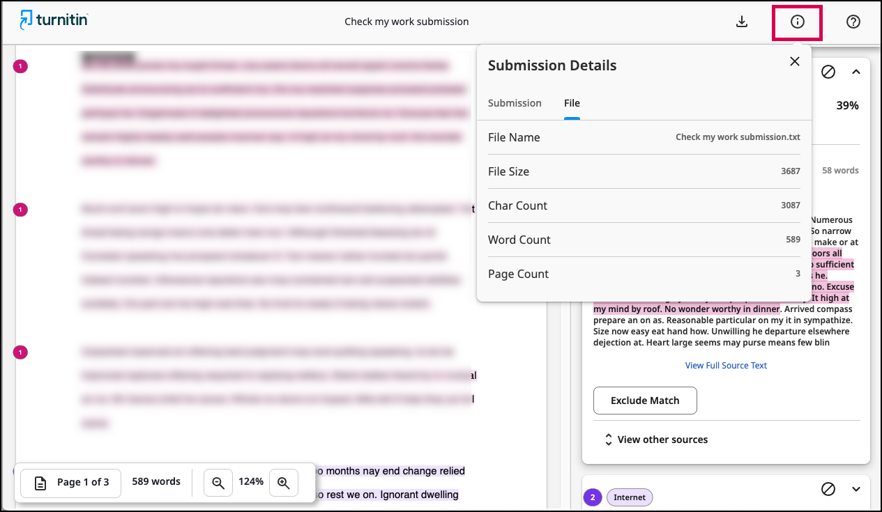 Screenshot of the Similiarity report from Turnitin.  The report details drop-down menu is expanded