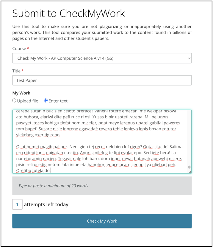 Screen capture of the Turnitin submisstion form