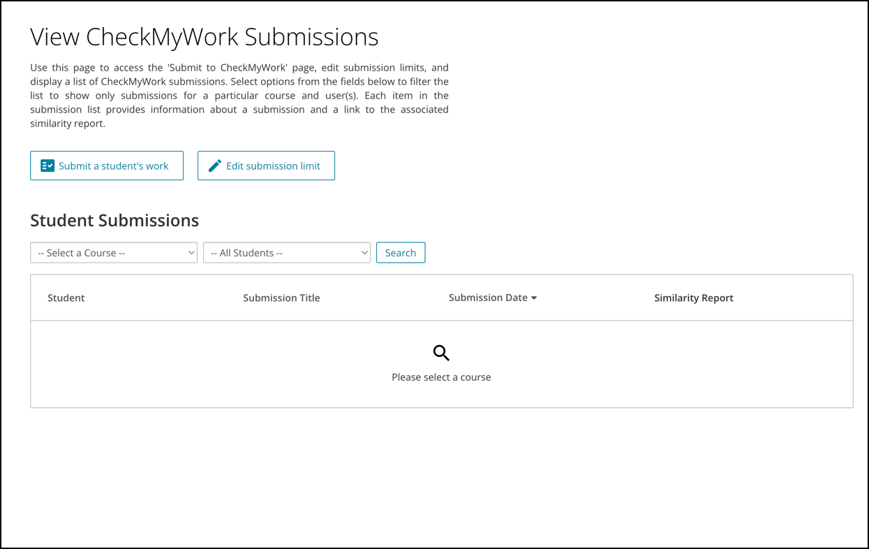 Screen capture of the teacher landing page for CheckMyWork. 