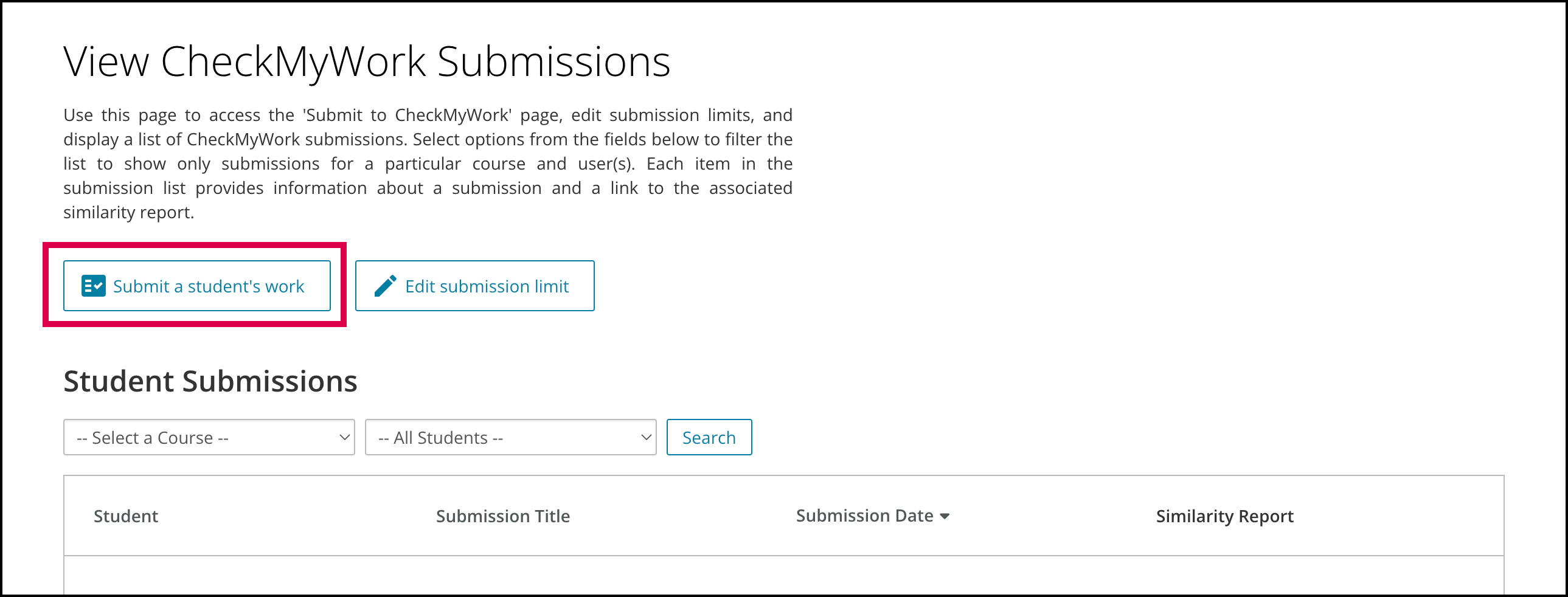 Screenshot of the teacher landing page with the button for Submitt a student work selected. 