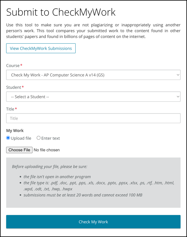 Screenshot of the Submit to CheckMyWork button.