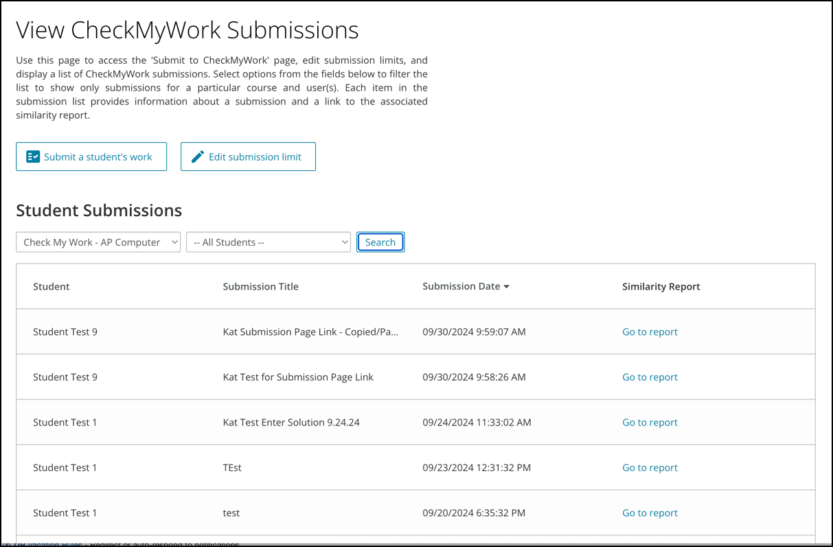Screenshot of the filters for viewing student submissions. 