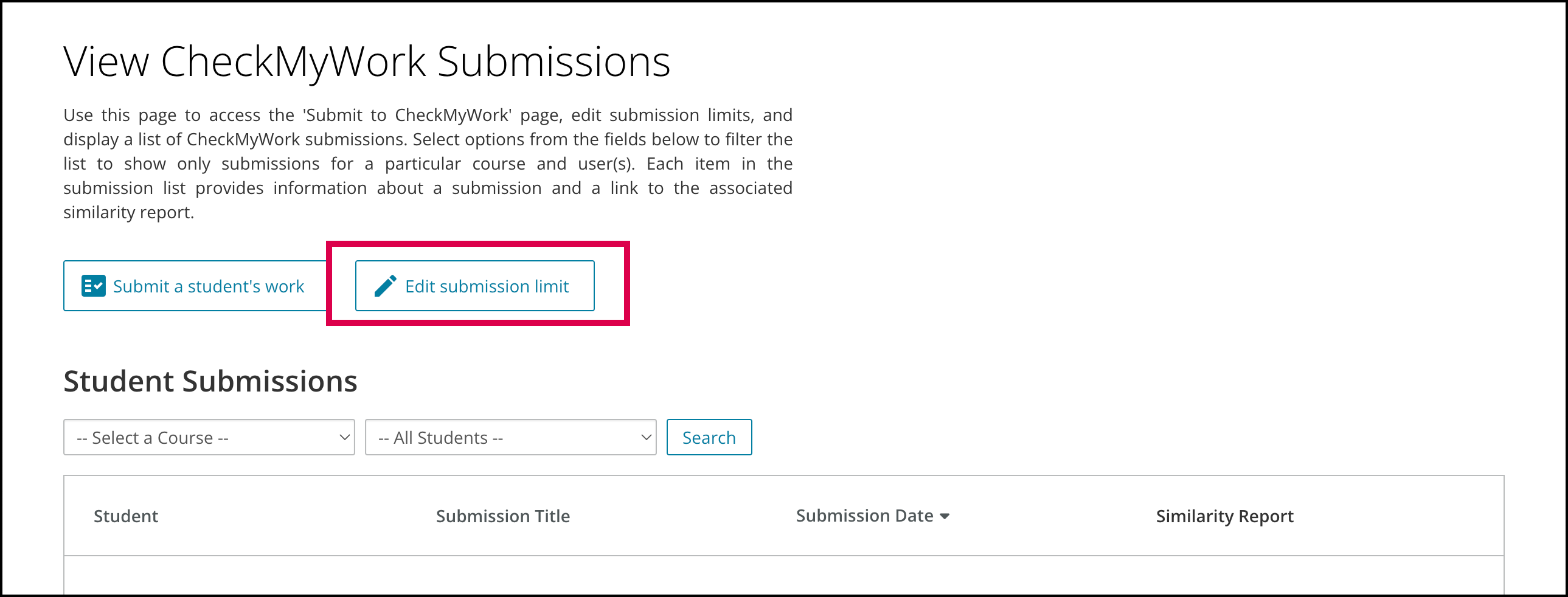 Screenshot of the teacher submissions page.
