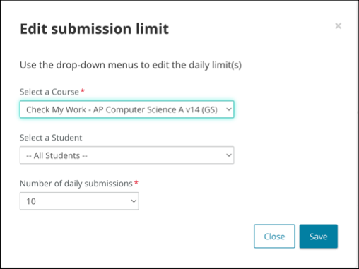 Screenshot of the drop-down menus for editing submission limits.