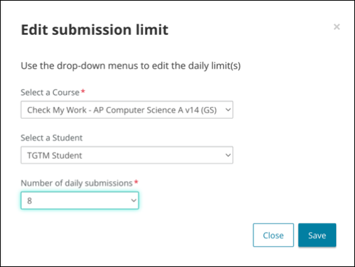 Screenshot of the drop-down menus for editing individual student submissions.