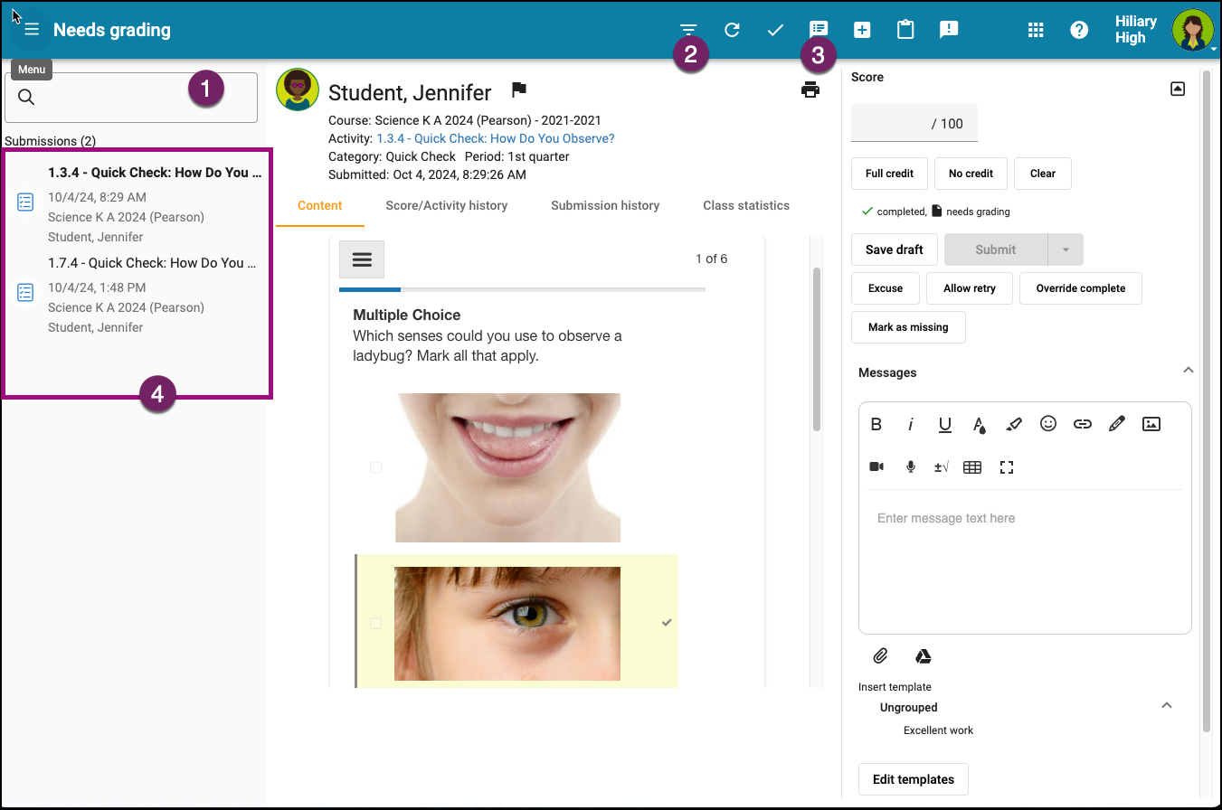 Screenshot of the Needs Grading tool.  The bullets above are indicated by numbered markers in the image.