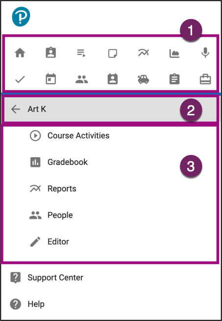 Screenshot of the Course Menu in the Main Menu.  The three numbered bullets above are indicated with corresponding numbered markers. 