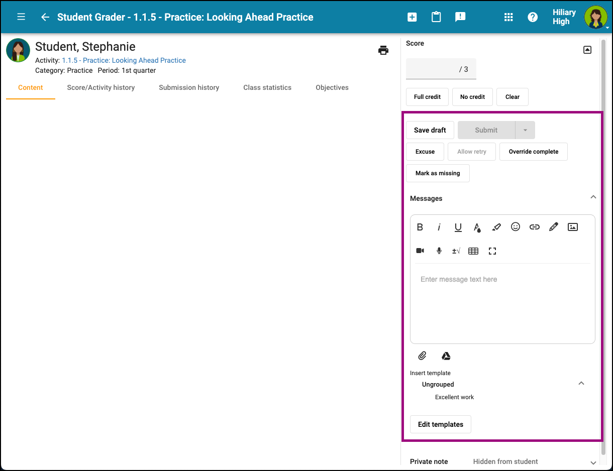 Screenshot of the Student Grade Editor.  The area to provide feedback is highlighted.