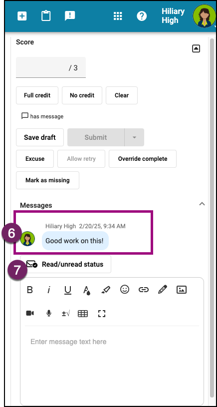 Screenshot of the feedback posted area of the Student Grade Editor. 
 The areas for posted feedback and Read/undread status are numbered with numbered markers.