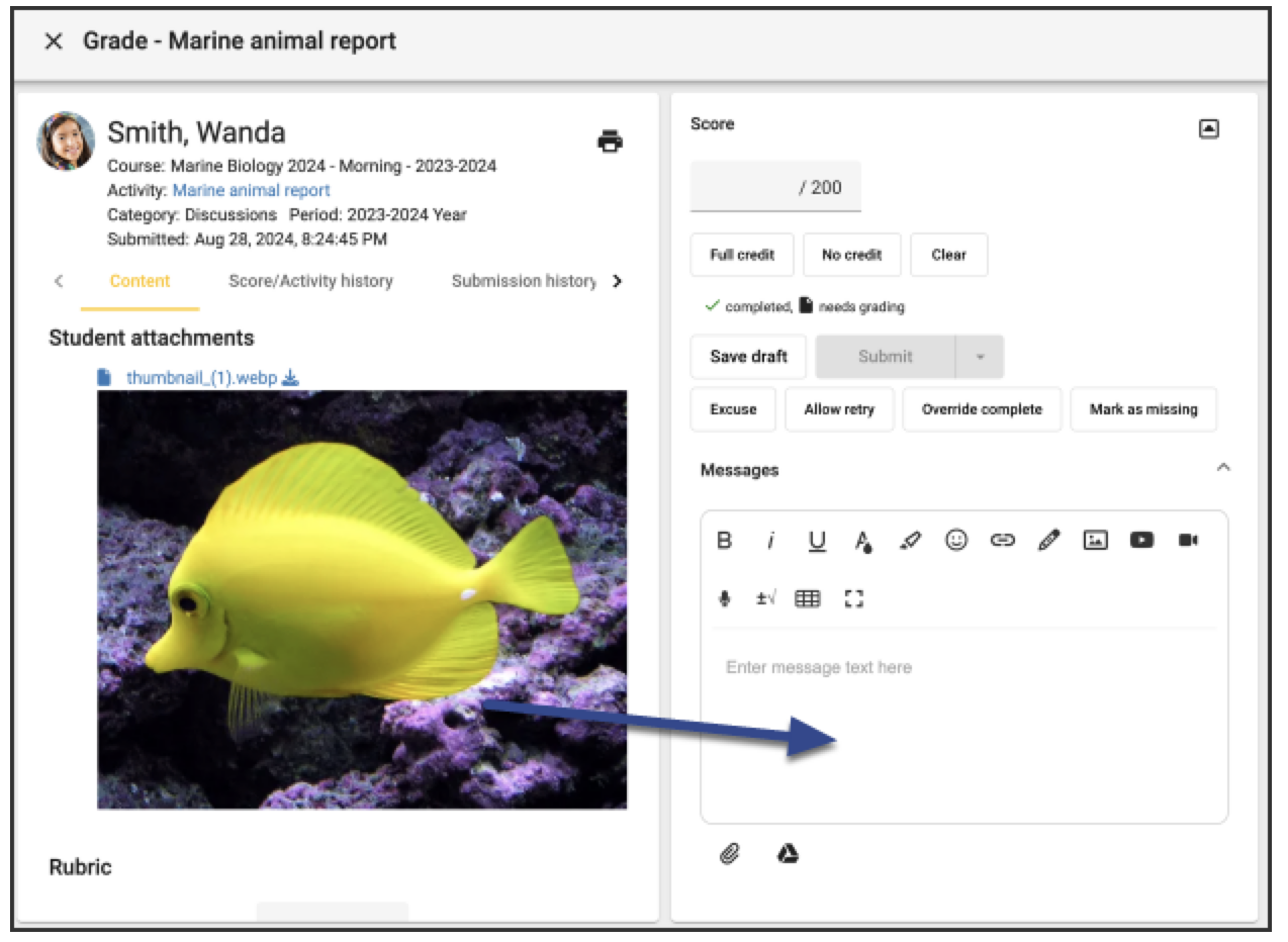 Screenshot of the Student Grade Editor.  An image of a fish appears in the Student attachment area.  An arrow points to the Message area of the screen.