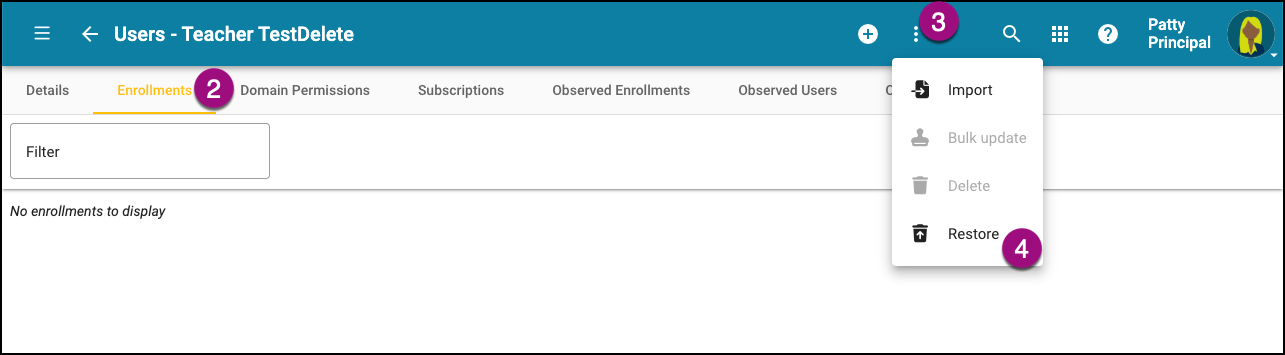 Screenshot of a user's Enrollment tab with the More menu expanded and the Restore option highlighted.