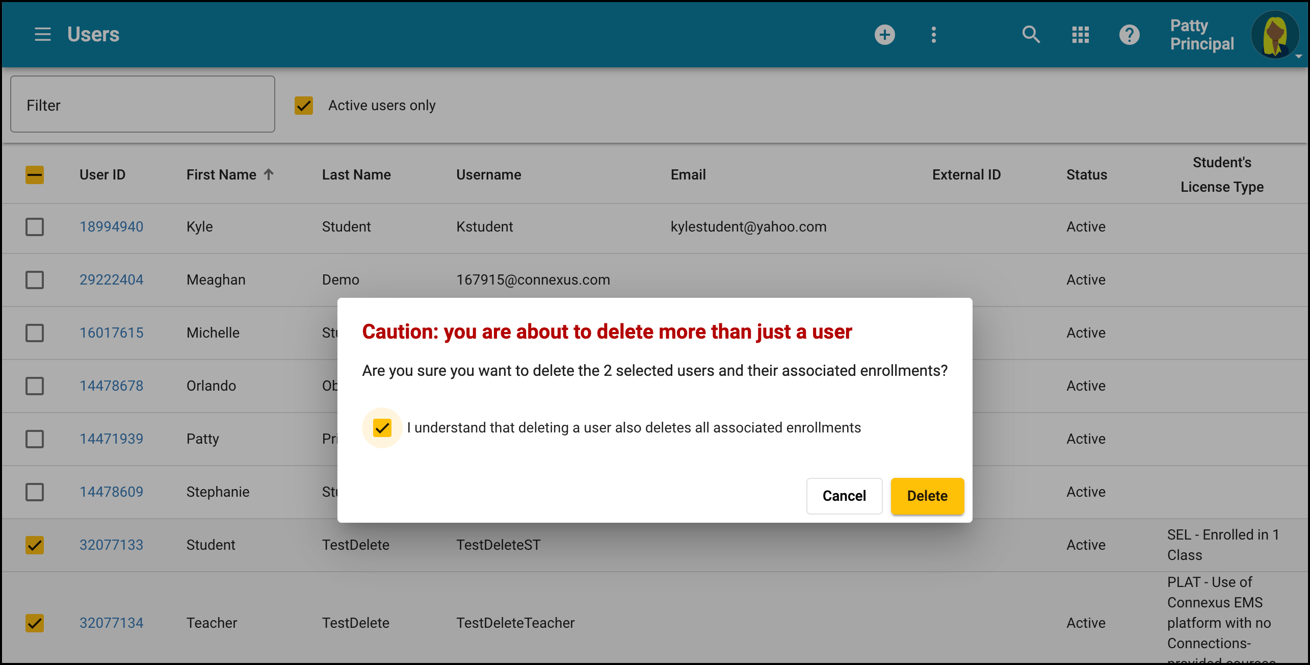 Screenshot of the confirmation screen that appears when deleting users.  The screen confirms that you are aware of enrollments as well as users.