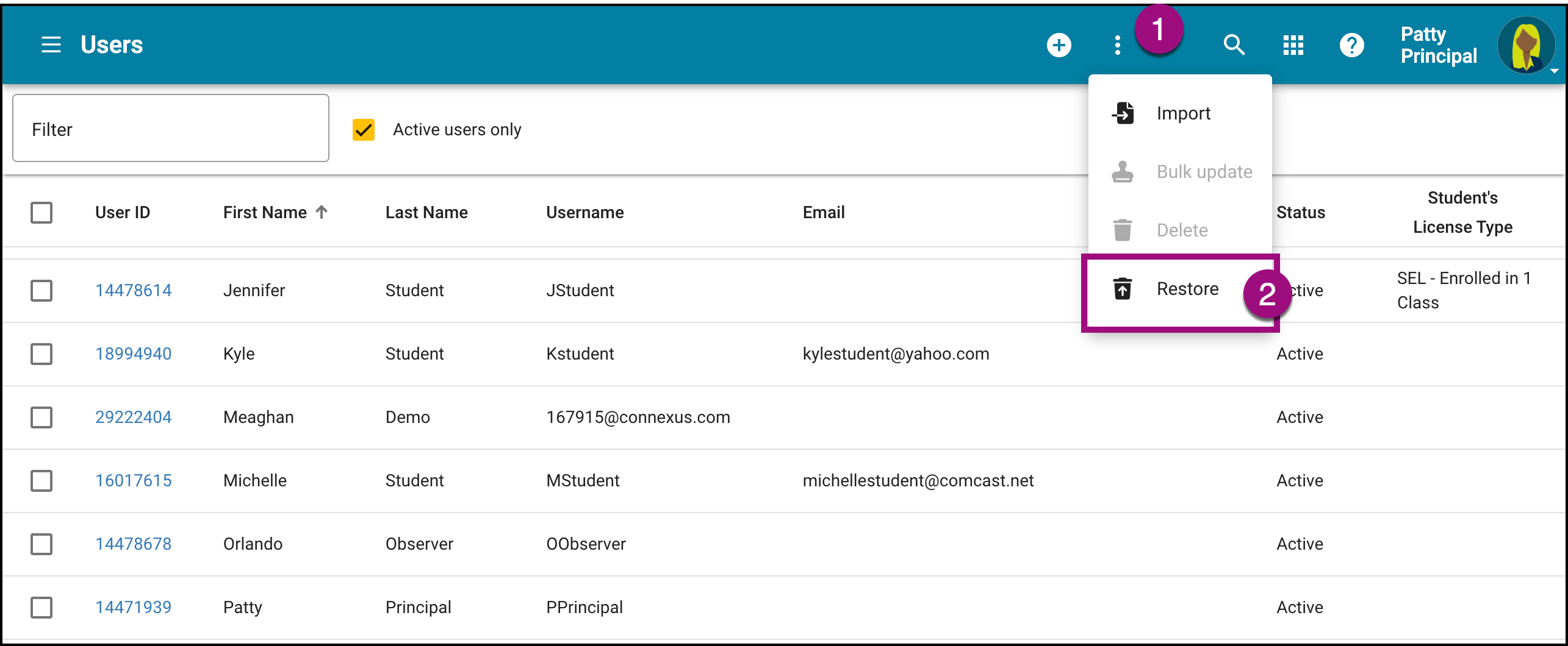 Screenshot of the Users Screen with the More menu expanded.  The Restore option is selected in the drop-down menu.