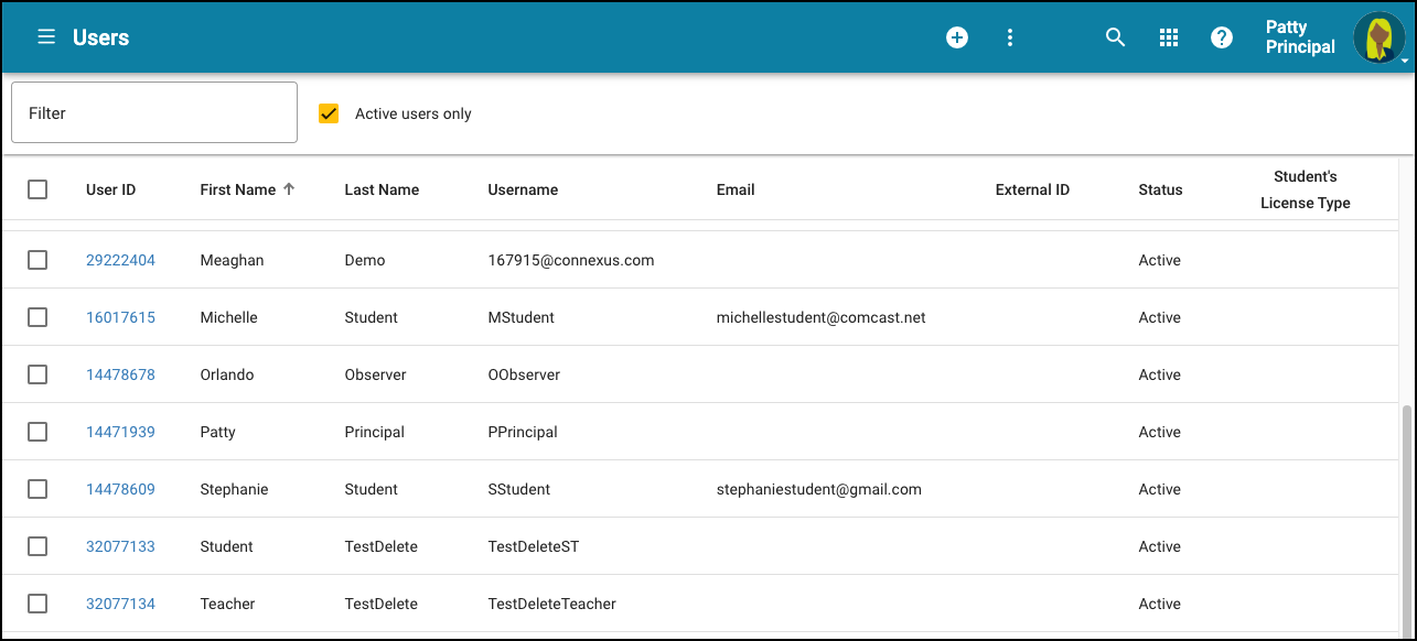 Screenshot of the Users tool with the previously deleted users restored.