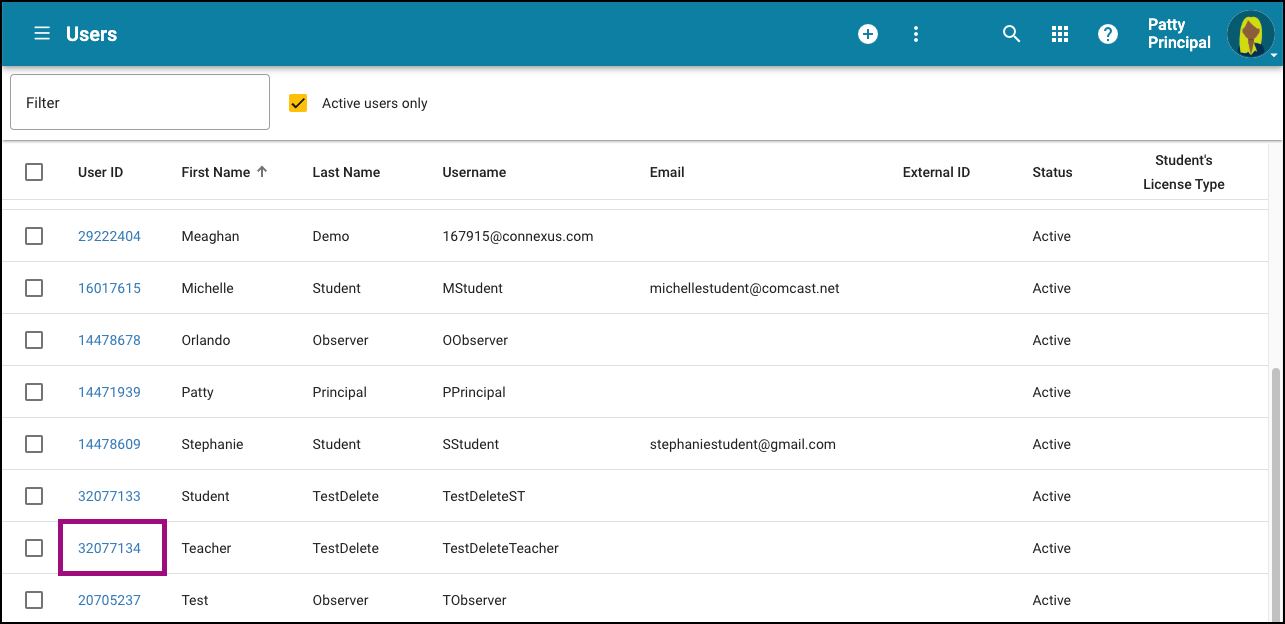 Screenshot of the Users tool with a user ID selected.