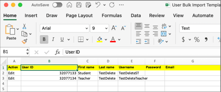 Screensthos of the Bulk Import worksheet with the required fields mentioned above completed.