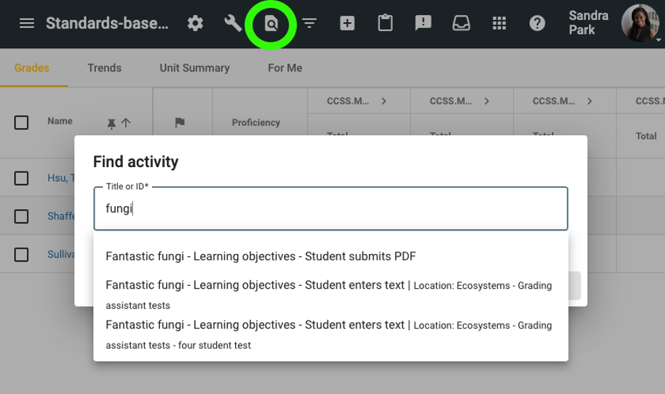 Screenshot of the Standards-based grading Gradebook with the new Find Activity tool highlighted.