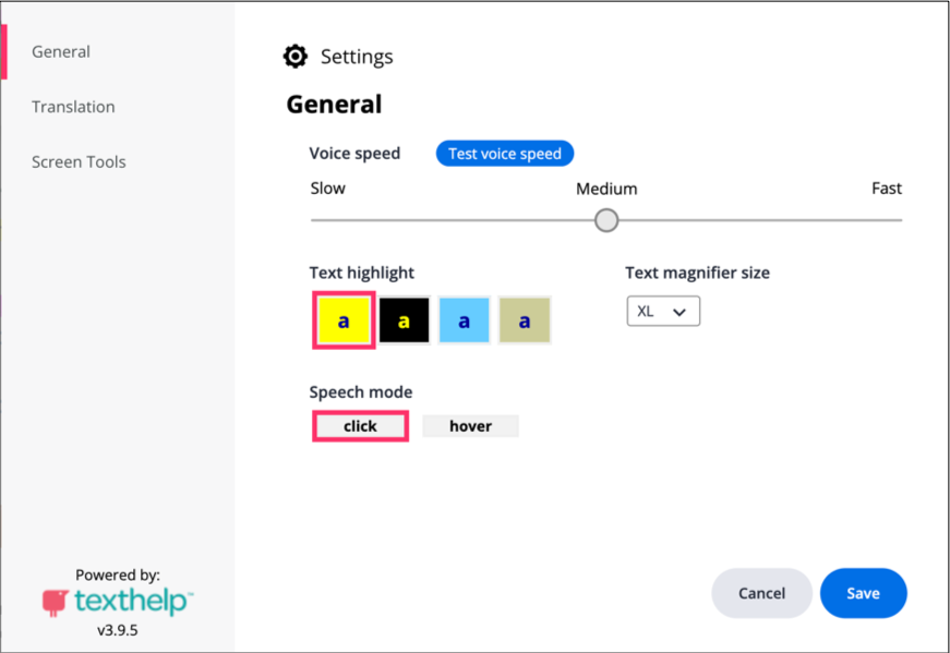 Screenshot of the General settings tab and options available. 