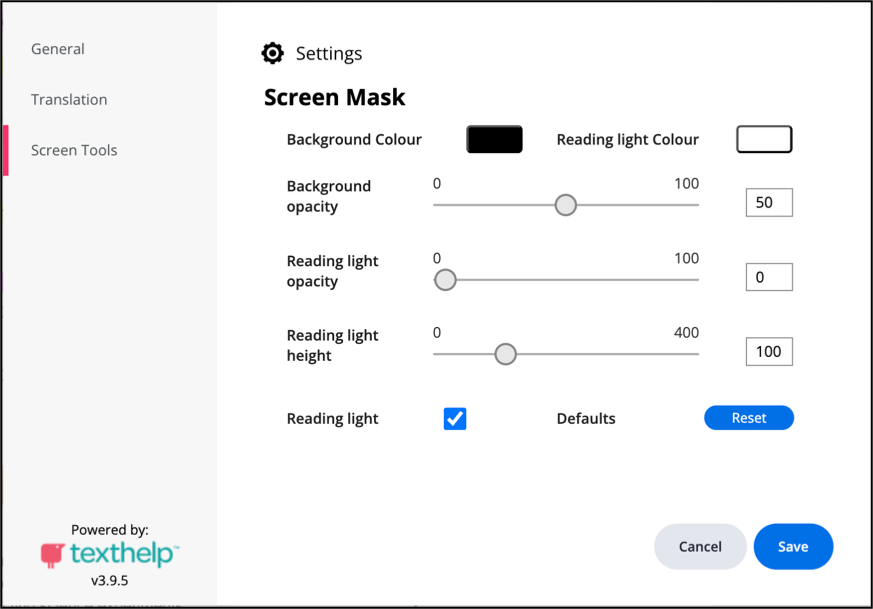 Screenshot of the Screen tools tab and options available. 