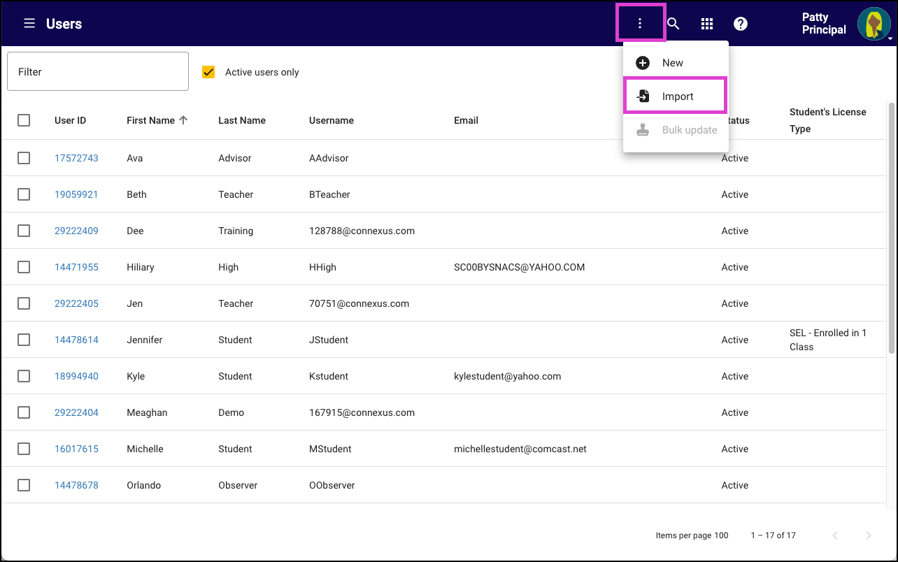 Screenshot of the Users tool.  The Actions drop-down menu is expanded and Import is highlighted. 