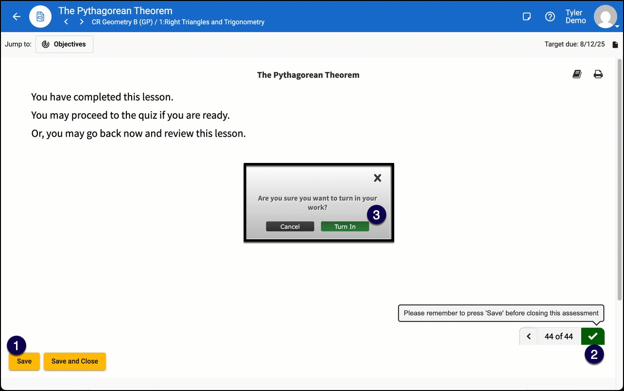 Screenshot of a non-graded lesson.  Numbered markers align with the steps listed above and appear in the related areas. 
