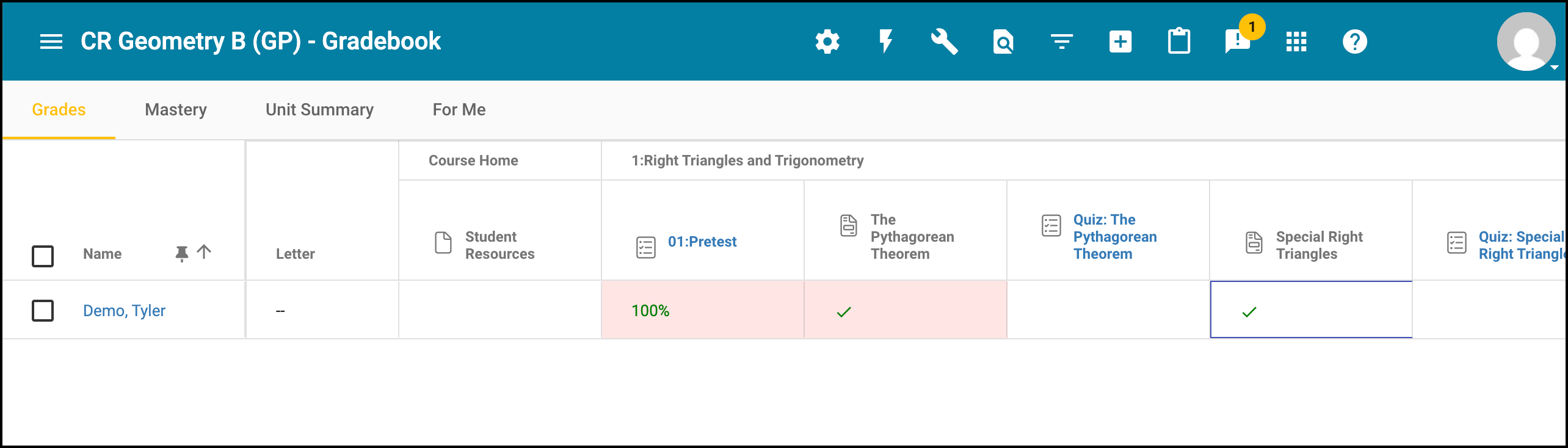 Screenshot of a course gradebook. A non-gradeable activity is marked as complete. 