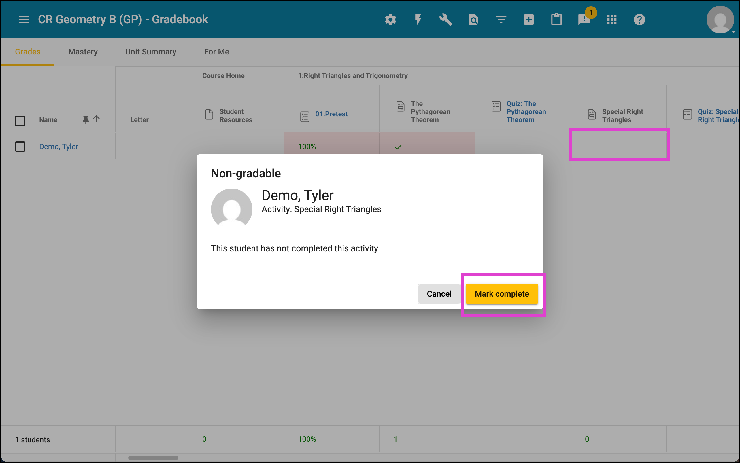 Screenshot of a course gradebook. A non-gradeable activity has been selected and a new window appears with a button to Mark as complete. 