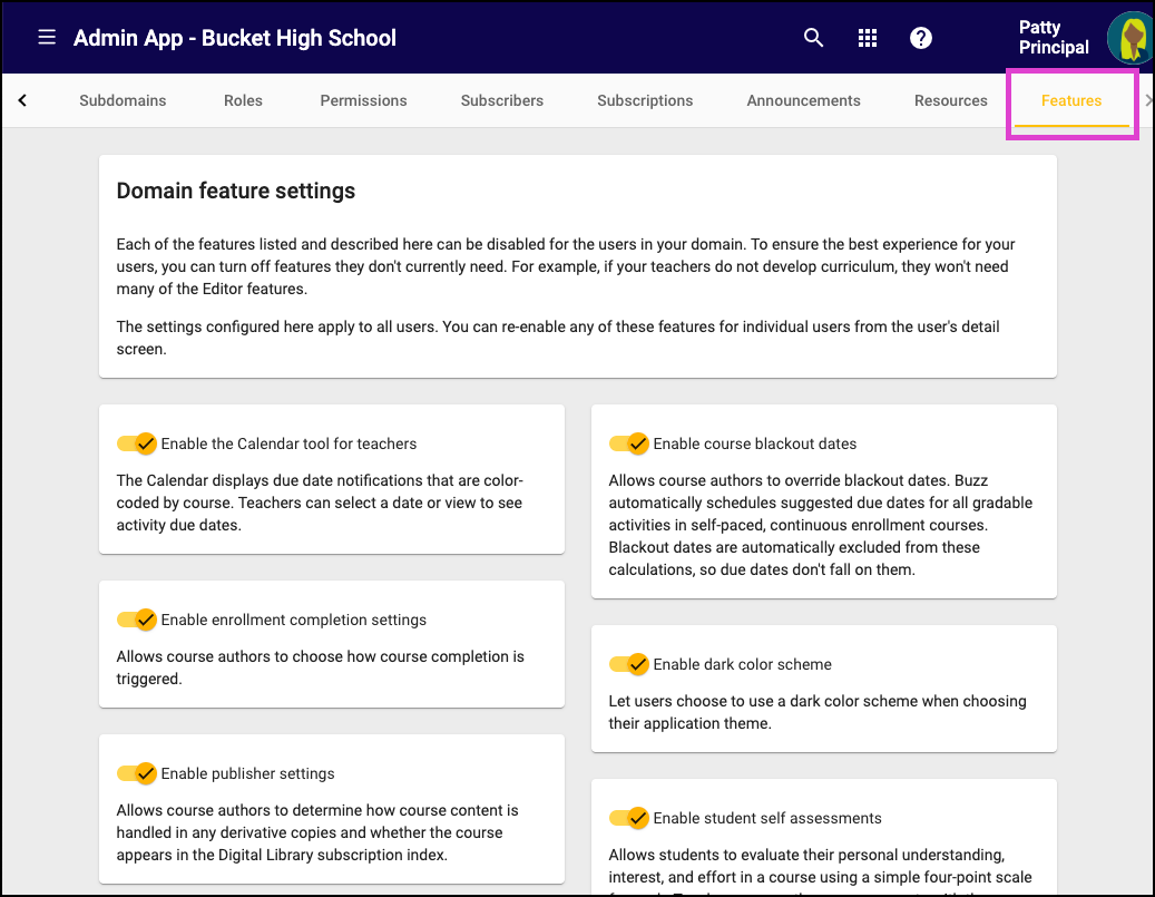 Screenshot of the Domain Tool with the Features tab selected. 