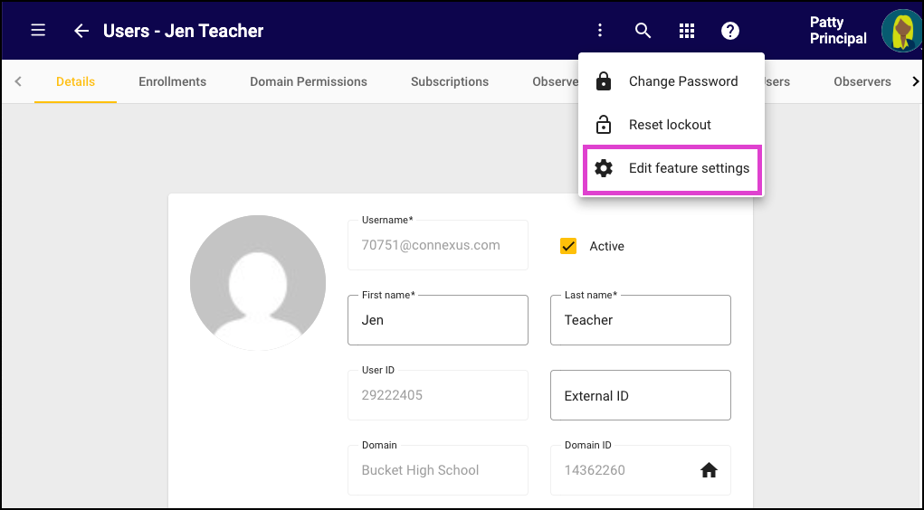 Screenshot of an individual user's User Tool screen. Edit Feature Settings is highlighted in the  Actions drop-down menu. 