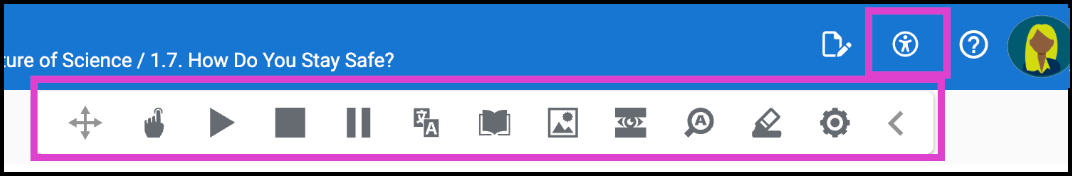 Screenshot of a course with the Text-to-Speech toolbar available.  The icon is a person inside a circle and once selected, opens the toolbar options for the reader. 