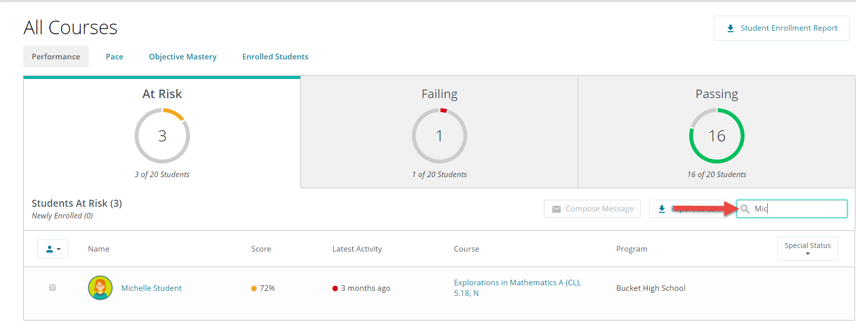 Search and filter data from the performance tab, with the search textbox highlighted. MIC has been entered, so Michelle Student displays.