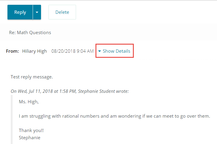 This image displays an open WebMail message, highlighting the option to show details that will display a full list of recipients.