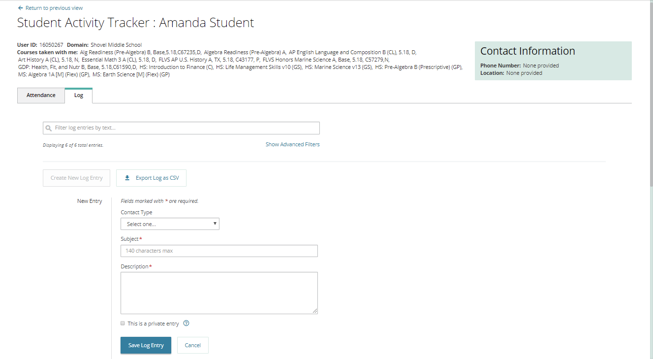 The student activity tracker highlights the description text box, where teachers can add details about their log.