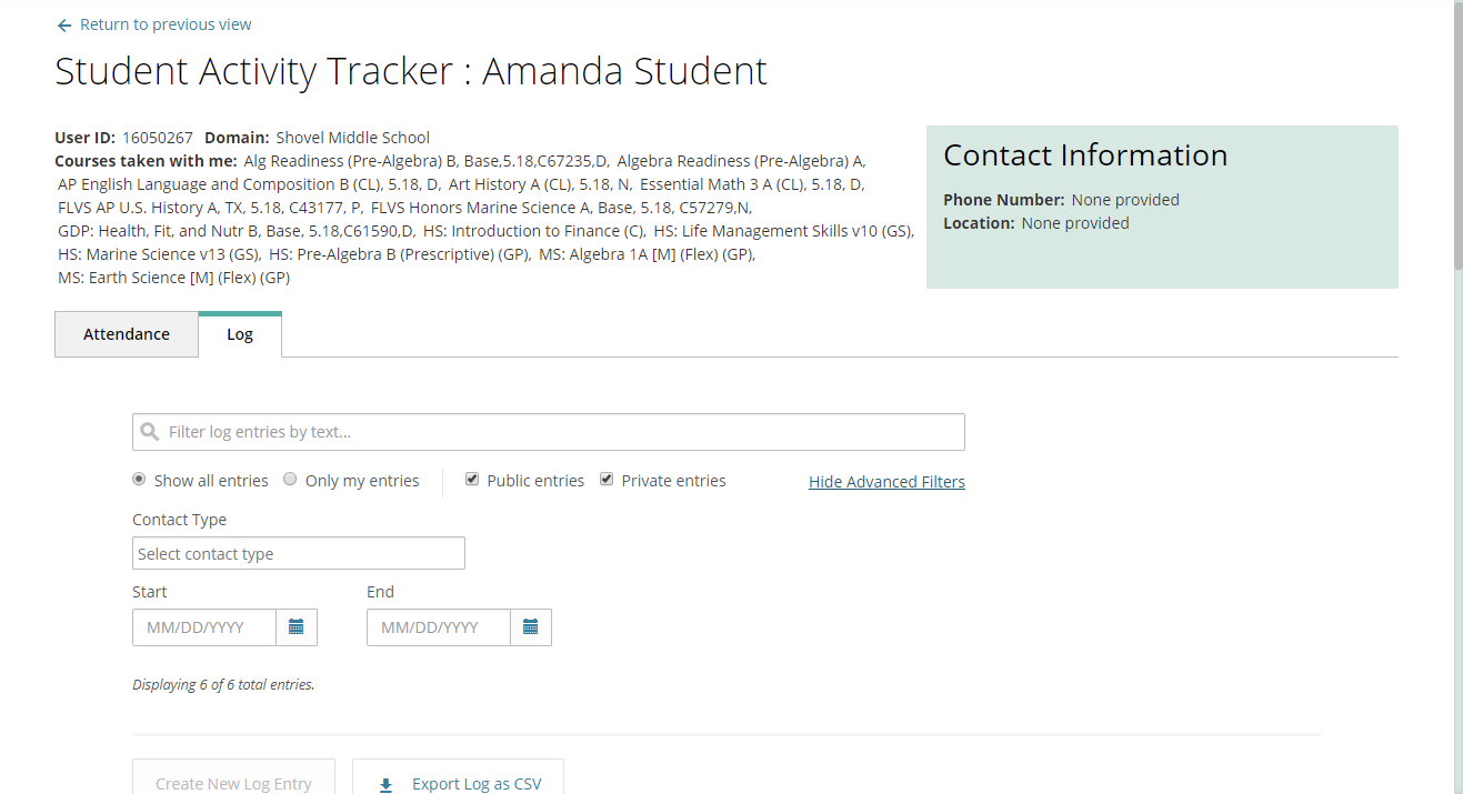 The log window displays for Amanda student, with a list of the courses she takes with the sample teacher. The screen allows teachers to filter log entries.