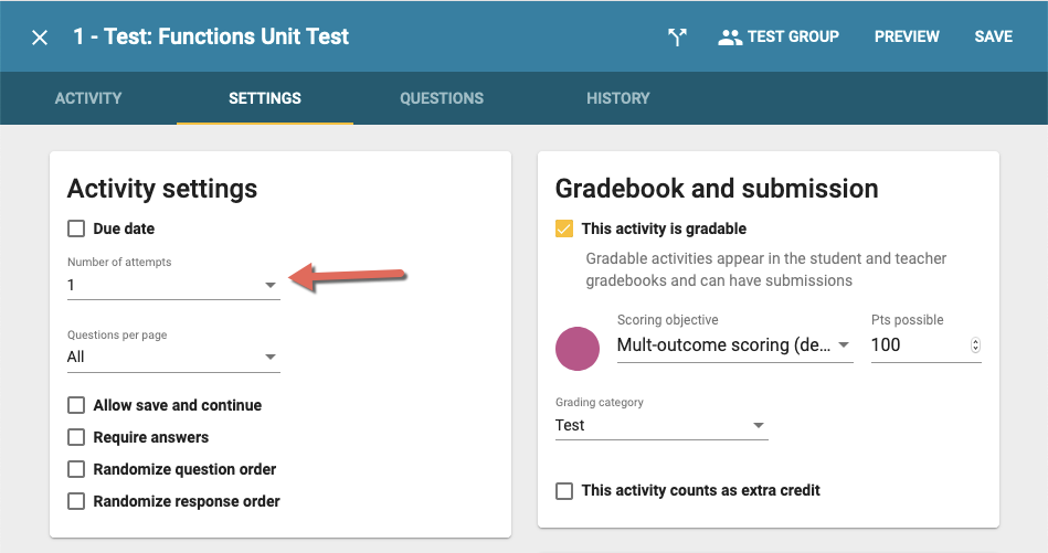 activity settings window displays options to change number of attempts, select a due date, and number of questions per page plus options to aelect allow save and continue, require answers, randomize question order, and randomize response order.