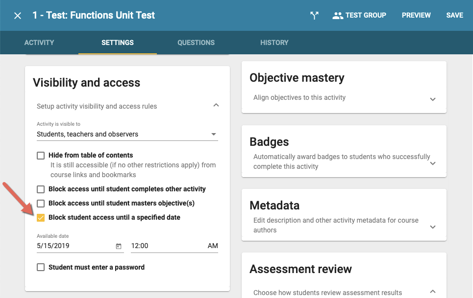 block access by date is checked in the sample visibility and access window