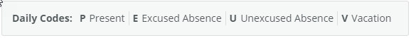 image of the daily code panel, including Present, Excused, Unexcused, and Vacation options