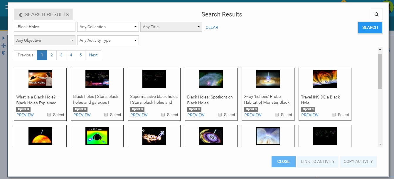 Sample of the Digital Library window displaying results from a search.