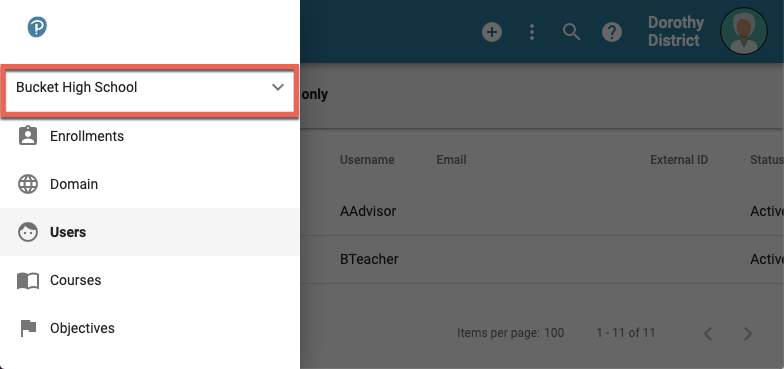 users highlighted in a sample domain's dropdown menu