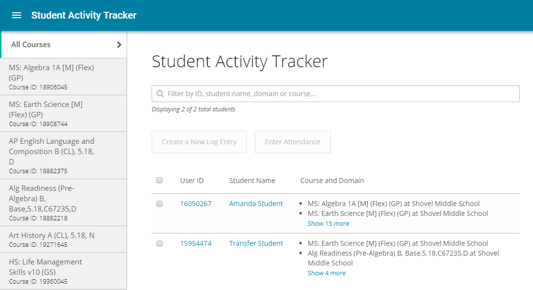 The Student Activity Tracker screen shows two students with their courses listed.