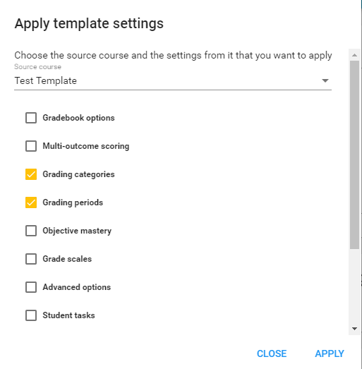 apply template settings card with the following options: gradebook options, multi-outcome scoring, grading categories, grading periods, objective mastery, grade scales, and advanced options