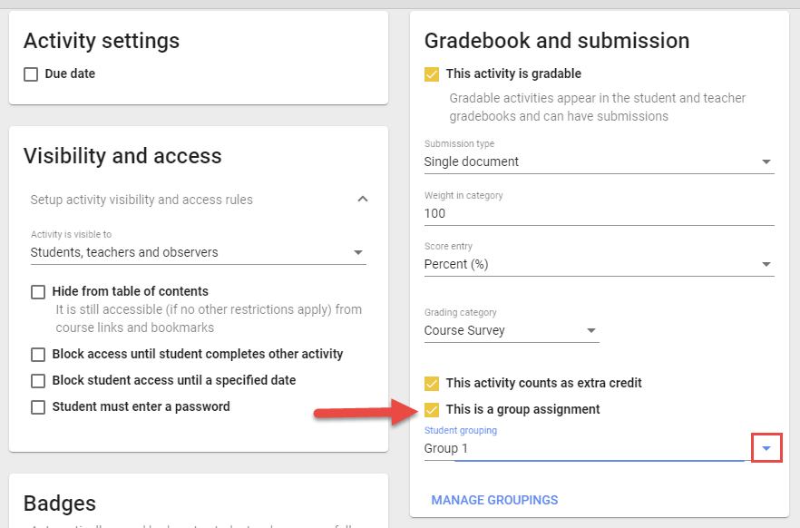 Sample of the Activity settings window highlighting teh option to make the assignment a group assignment, which is located under the Gradebook and submission box.