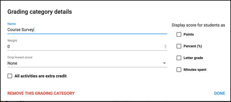 The grading category details card displays prompt to enter name, weight, drop lowest score, plus an option to select all activities are extra credit.