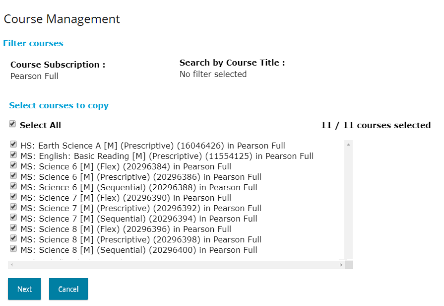 Course Management Tool window with eleven courses listed to filter