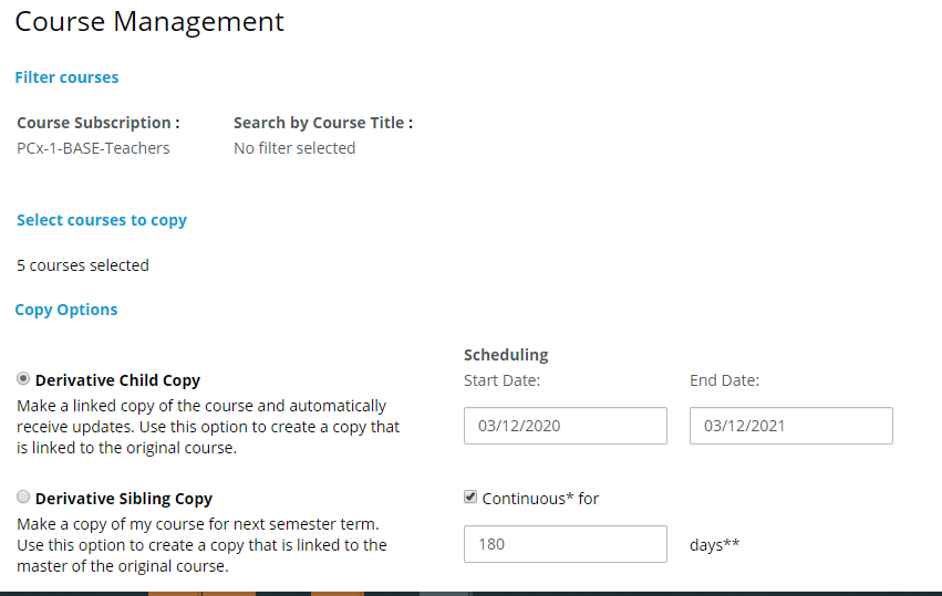 Course Management tool with copy options, Derivative or child, displaying.