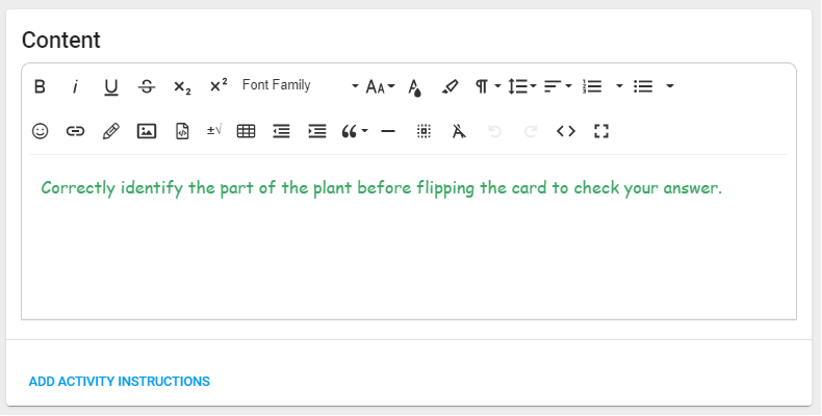 The sample content area shows the rich text editor with the following instructions: Correctly identify the part of the plant before flipping the card to check your answer.