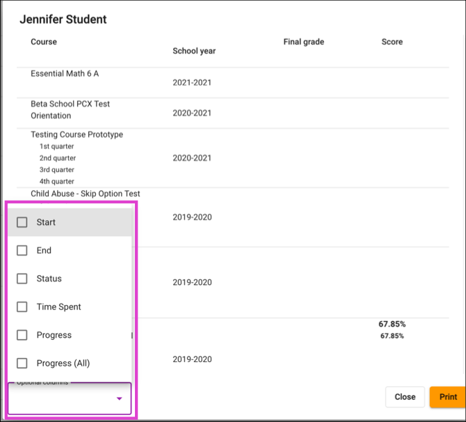 Screenshot of the print preview for past courses in the Gradebook.