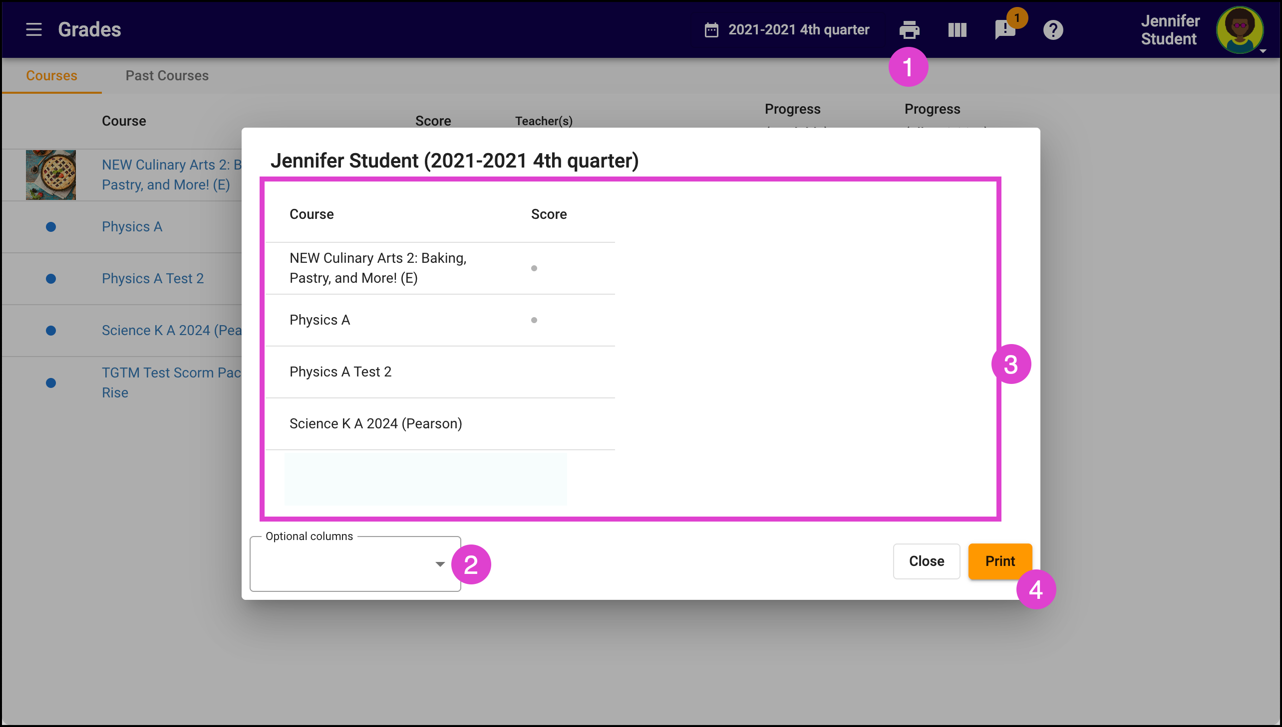 Screenshot of the print preview for all courses in the Gradebook.