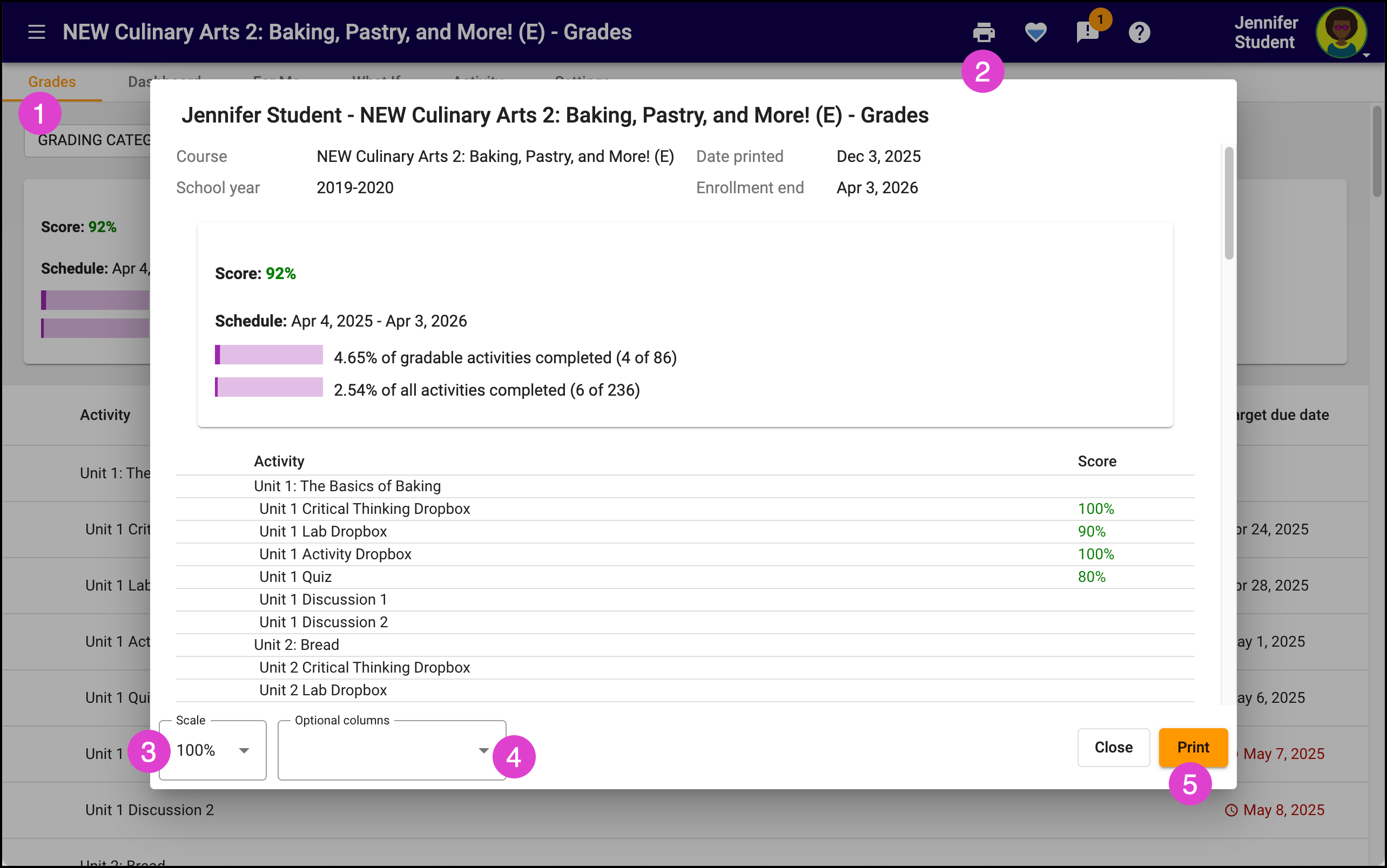 Screenshot of the Course Gradebook Print options.