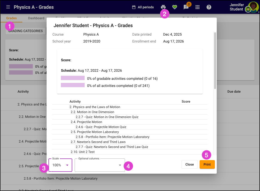 Screenshot of the options available for printing unofficial transcripts.